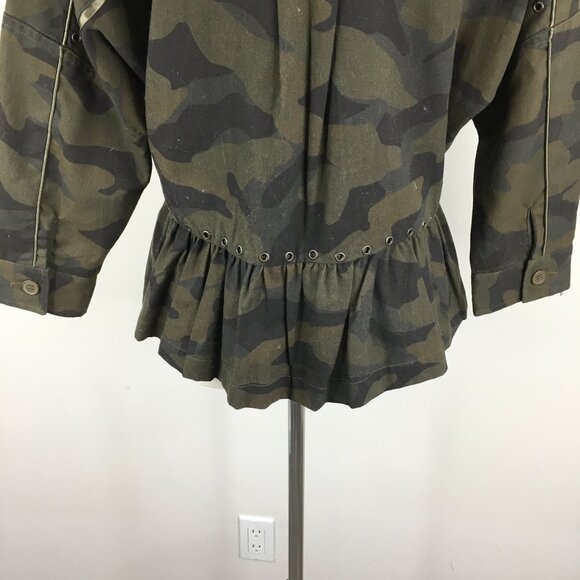 JOIE Green Mix Camo Print SAMIA Dolman Sleeve Studded Ruffle Peplum Hem Jacket - Picture 13 of 13